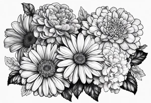 Gerber daisies, marigolds, hydrangeas, begonia tattoo idea
