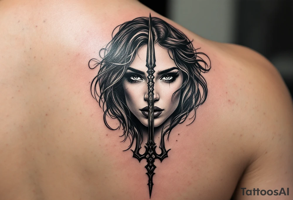 close-up woman behind a trident tattoo idea