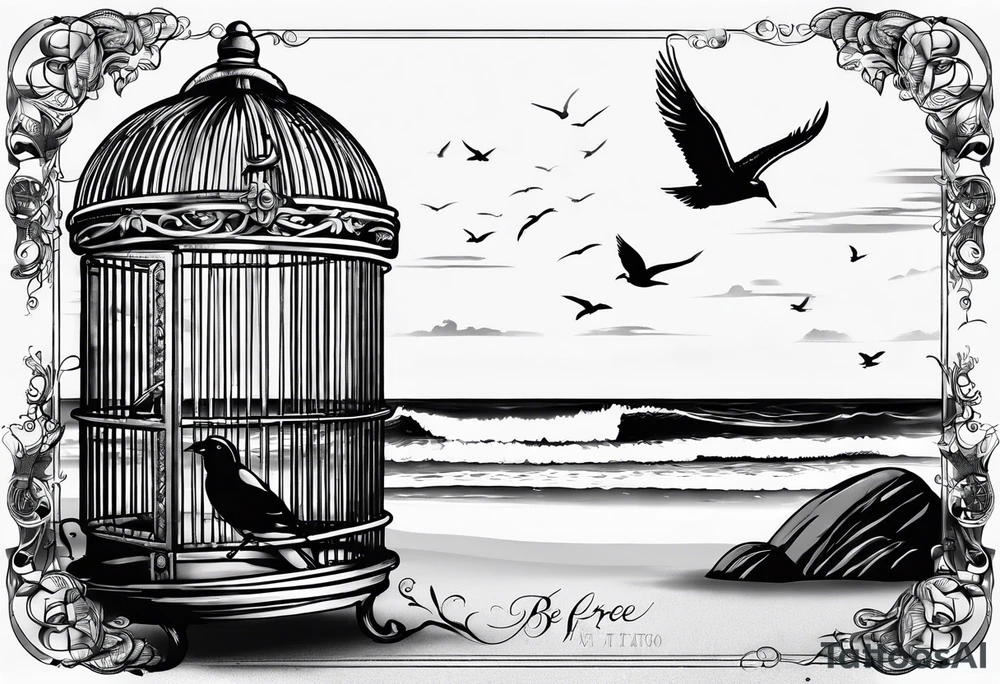 An open birdcage on the beach with the words be free tattoo idea