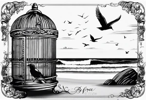 An open birdcage on the beach with the words be free tattoo idea