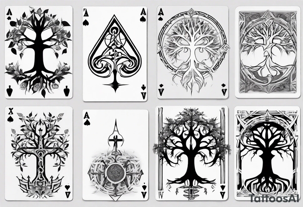 White Tree of Gondor, Geometric symbols, Viking cross, playing cards, flowers tattoo idea