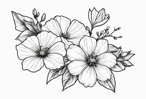 Realistic cherry blossom, delphinium, morning glory, and cosmos flowers together on a leafy sprig tattoo idea