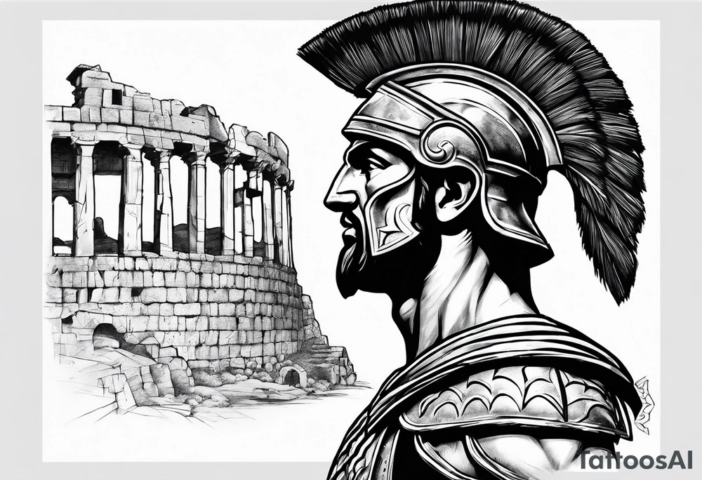 Side profile Spartan Solider ancient roman city in the background tattoo idea