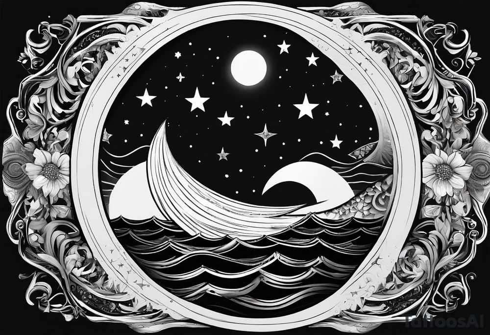 mezcla de sol luna y mar con estrellas brillantes, sin bordes, sencillo, minimalista tattoo idea