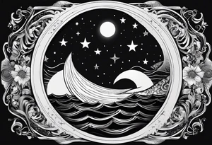mezcla de sol luna y mar con estrellas brillantes, sin bordes, sencillo, minimalista tattoo idea