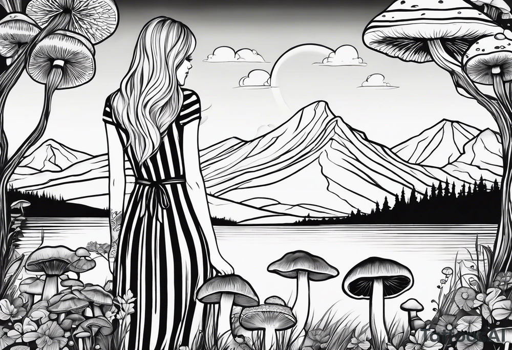 Straight long blonde hair girl in distance holding mushrooms in hand facing away toward mountains and creek surrounded by mushrooms black and white striped dress tattoo idea