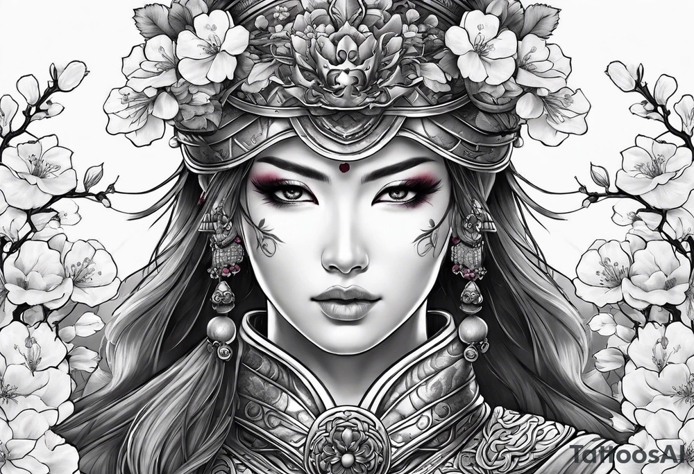 Female warrior with half a skull for a face woth cherry blossoms tattoo idea