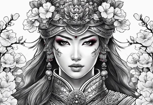 Female warrior with half a skull for a face woth cherry blossoms tattoo idea