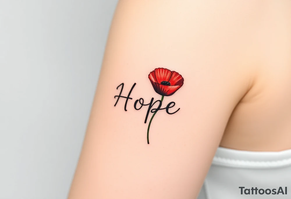 "Hope" forming the stem of a vibrant red poppy, its petals symbolizing resilience and remembrance tattoo idea