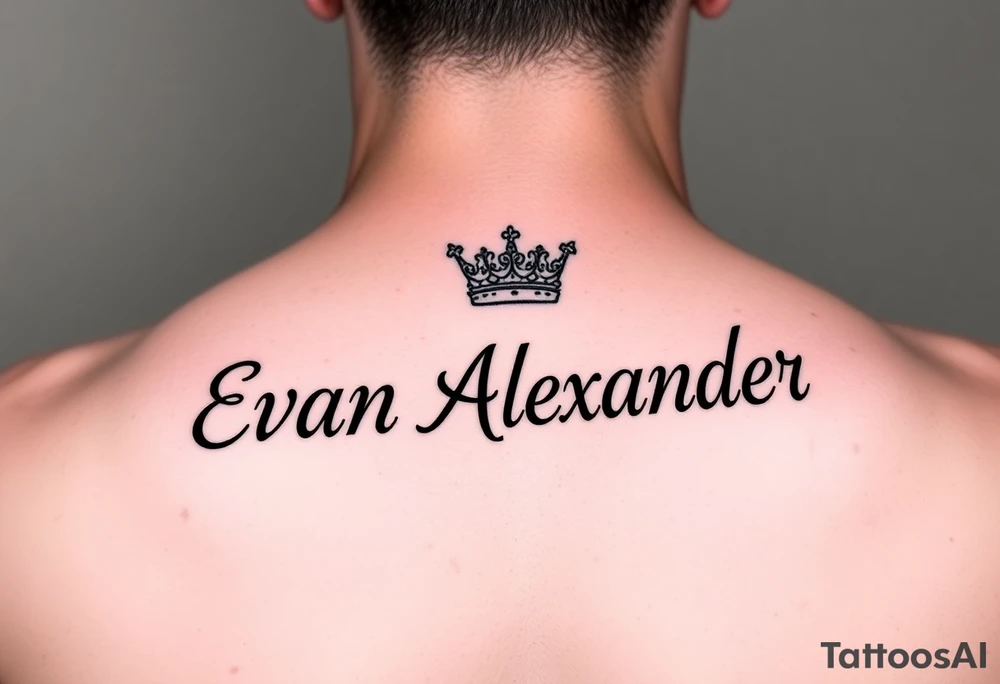 Name tattoo that says Evan Alexander with a crown on forearm tattoo idea