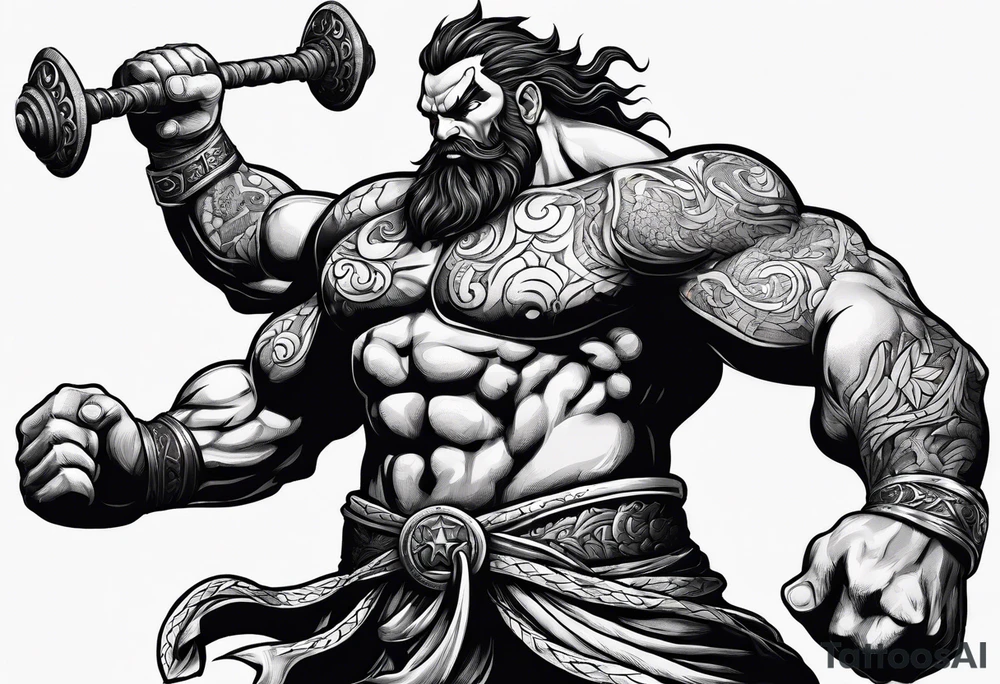 full body strong mythical giant turned to the side about to punch something stipple shading tattoo idea