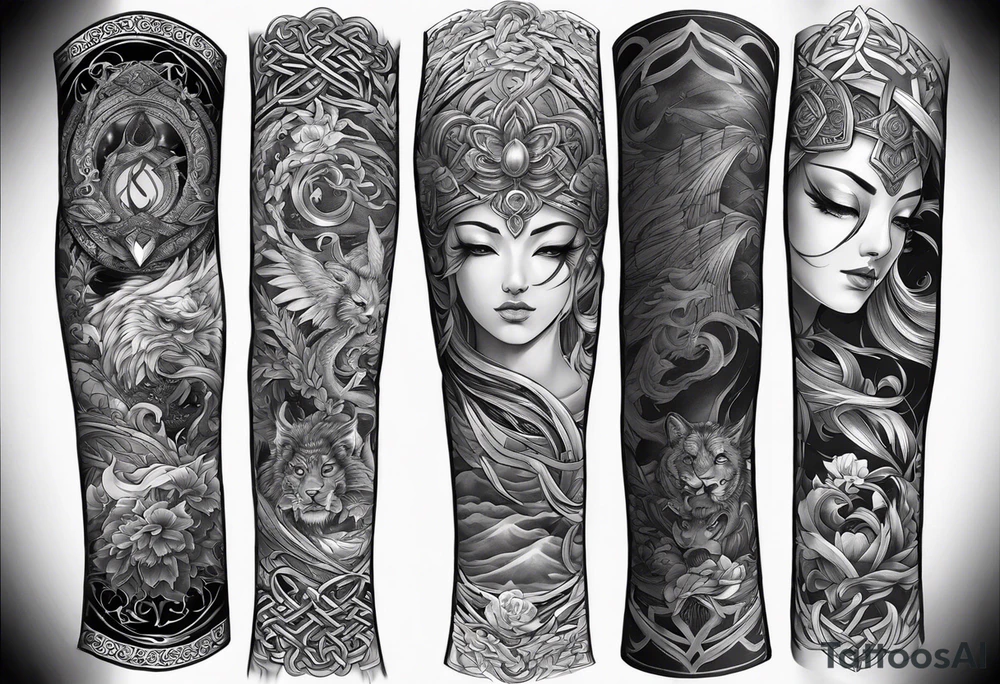 arm sleeve tattoo split into 3 different areas down the arm. the first area being Based on japanese Mythology. The 2nd one being based on Hindu mythology. and the 3rd one being based on celtic mythology tattoo idea