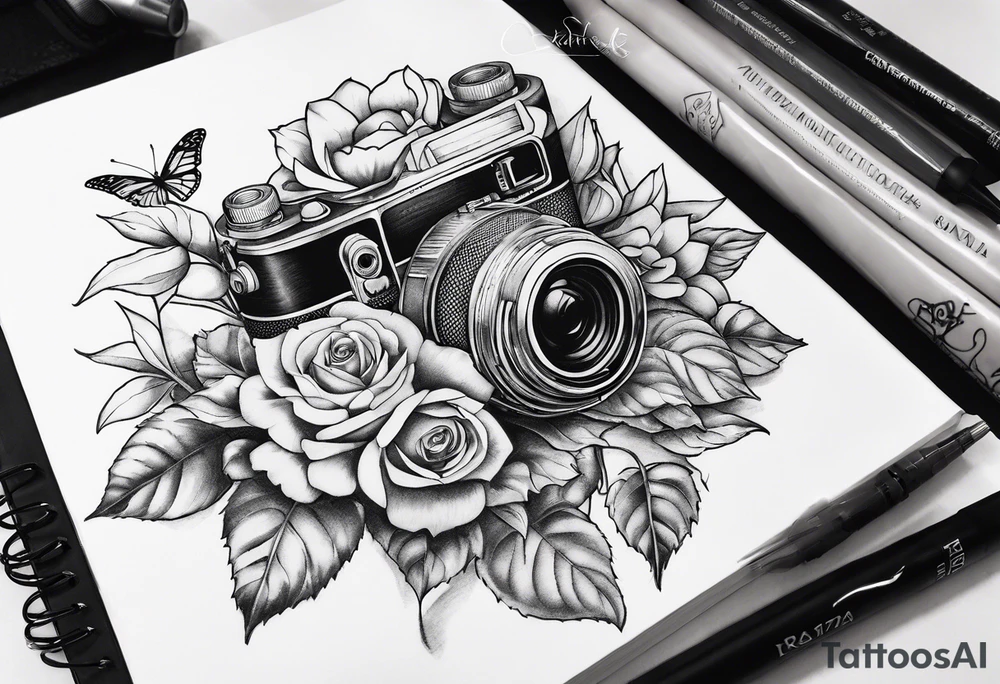 Book, sunflower, camera, butterfly, flower rose tattoo idea