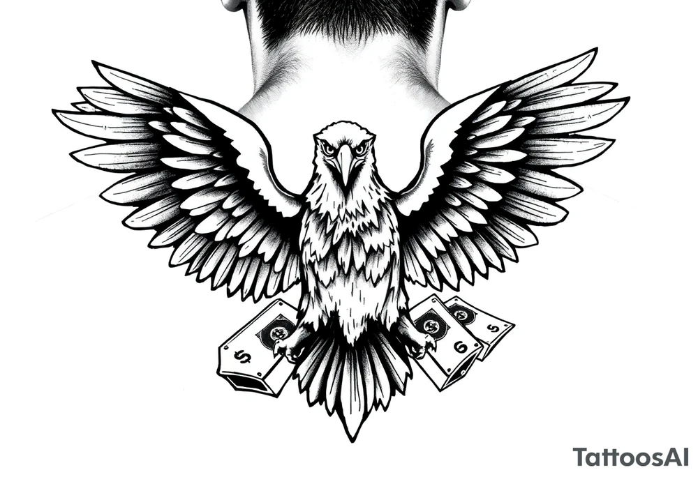 powerful eagle spreading wings and US dollar bills around for neck tattoo tattoo idea