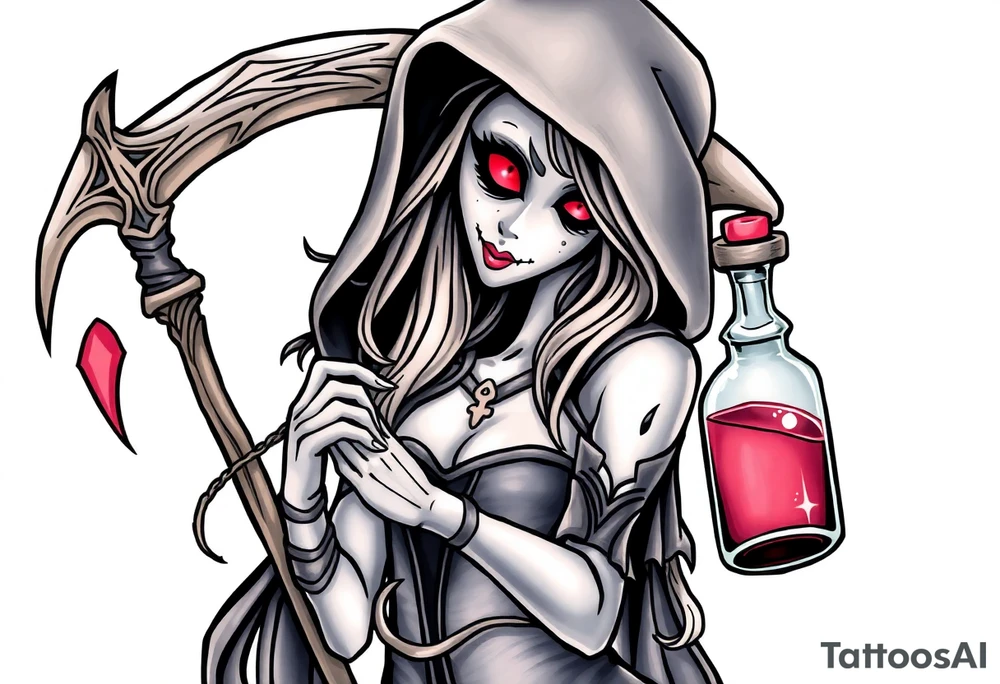 Sexy  xxx Female grim. Reaper and her
 death poison bottle tattoo idea