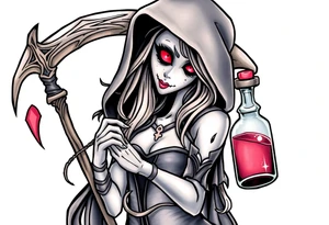 Sexy  xxx Female grim. Reaper and her
 death poison bottle tattoo idea
