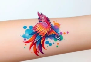Phoenix in flames with purple, blue, orange, teal and green splashes, looking upwards with angry eye. No black outline. tattoo idea