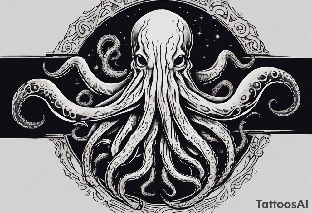 The tattoo features a cosmic and mysterious scene inspired by Lovecraft's works. At the center of the forearm, envision a detailed Lovecraftian creature surrounded by an eerie atmosphere. Tentacles extend down, wrapping around the wrist and ascending along the hand. Dark shading adds depth, and iconic Lovecraftian symbols or runes could intertwine with the creature. Consult with a professional tattoo artist to tailor the design to your preferences and ensure it fits well on your forearm and hand. tattoo idea