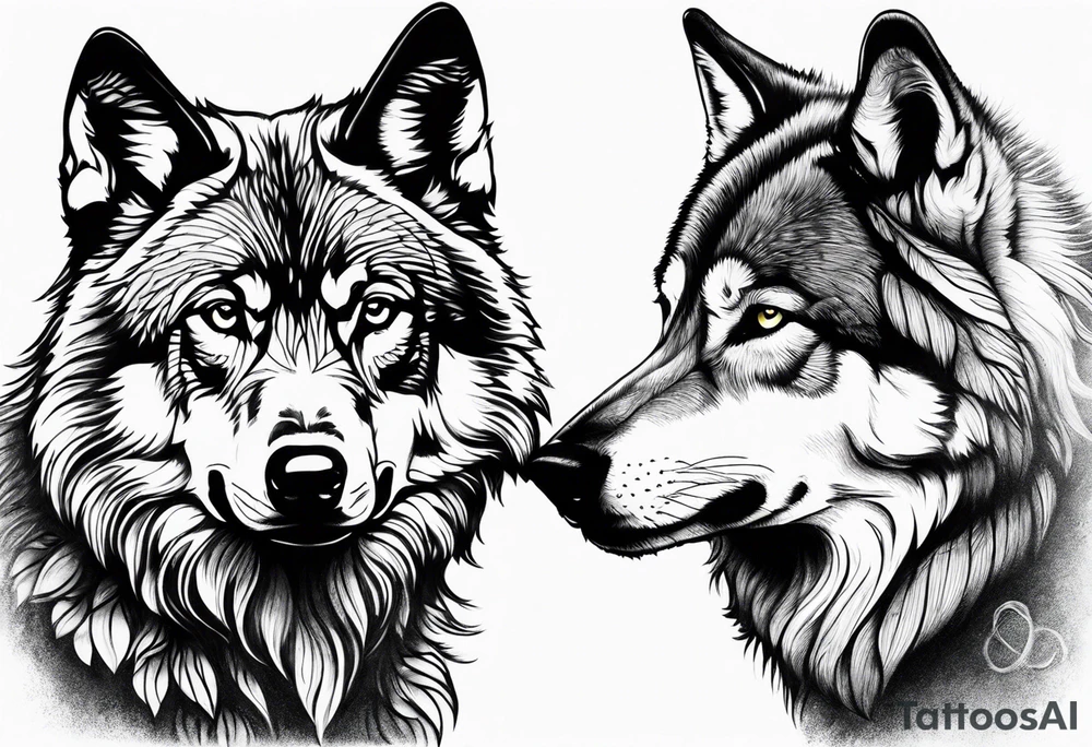 Realistic male wolf and female wolf 
bonding tattoo idea