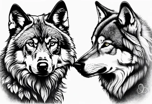 Realistic male wolf and female wolf 
bonding tattoo idea