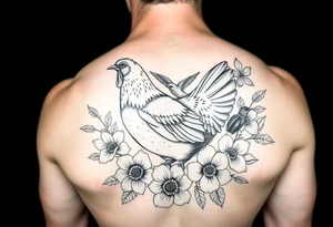 A hen surrounded by flowers with a hummingbird flying and a ladybug on flowers tattoo idea