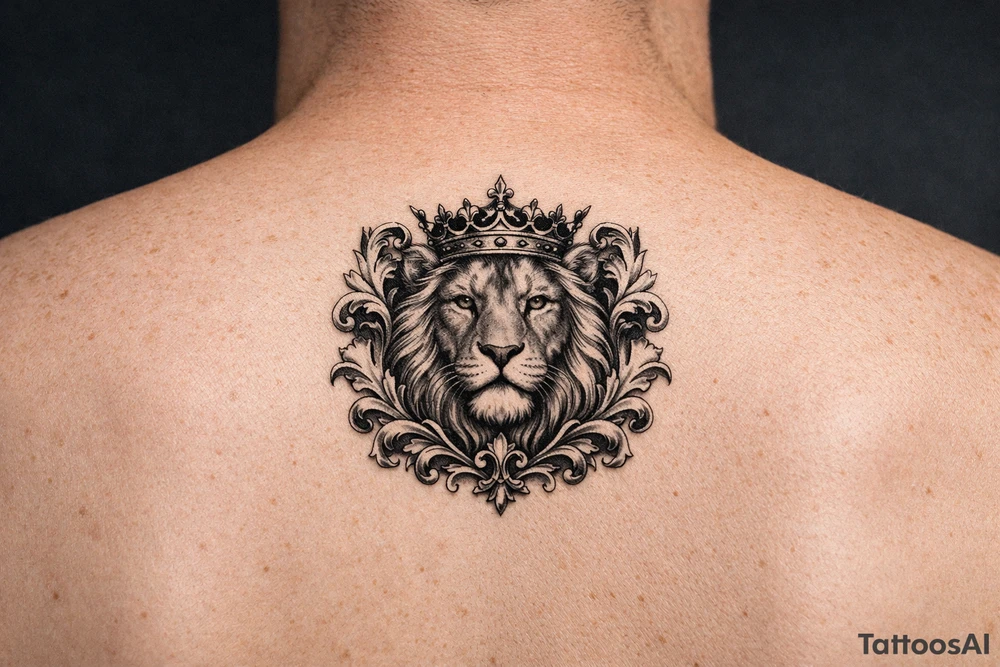 powerful majestic lion with a crown, framed by ornate floral scrollwork tattoo idea