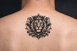 powerful majestic lion with a crown, framed by ornate floral scrollwork tattoo idea