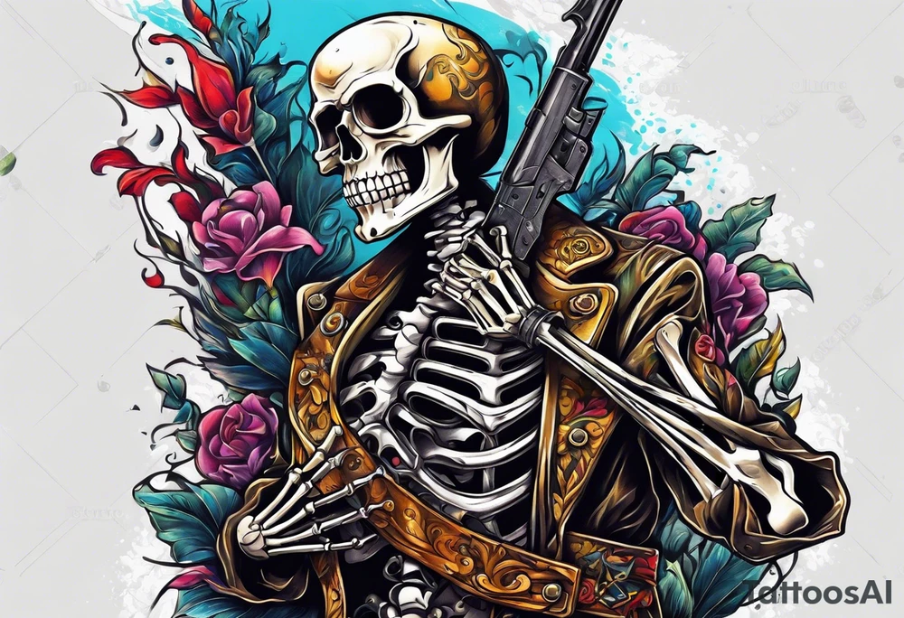 Skeleton with knife in chest shooting gun tattoo idea