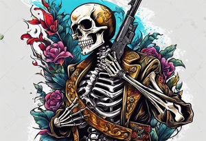 Skeleton with knife in chest shooting gun tattoo idea
