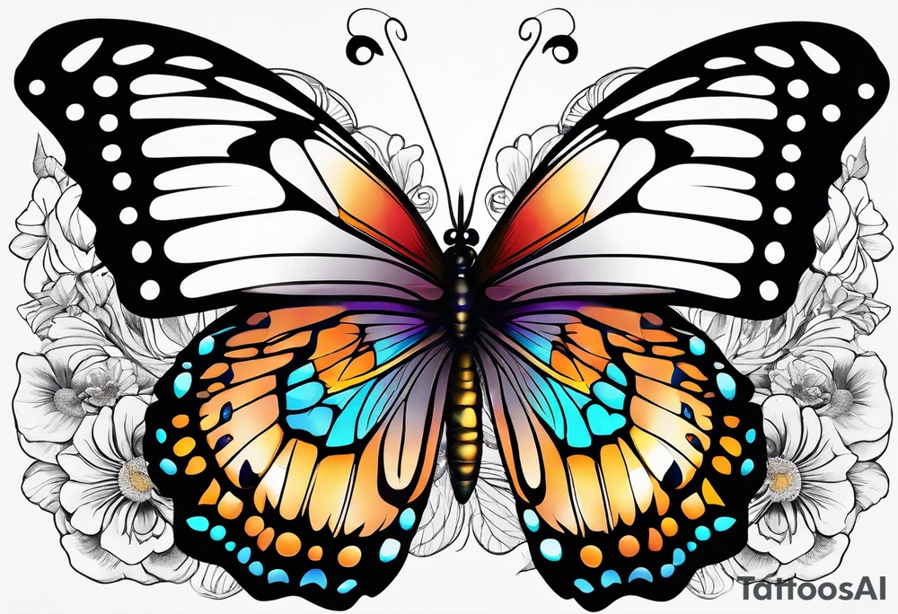 A vibrant butterfly with colorful wings, resting on a flower, showcasing transformation and beauty.” tattoo idea