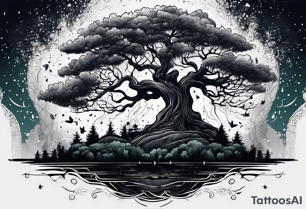 Tree in dark forest in heavy rainfall tattoo idea