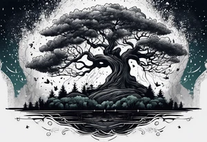 Tree in dark forest in heavy rainfall tattoo idea