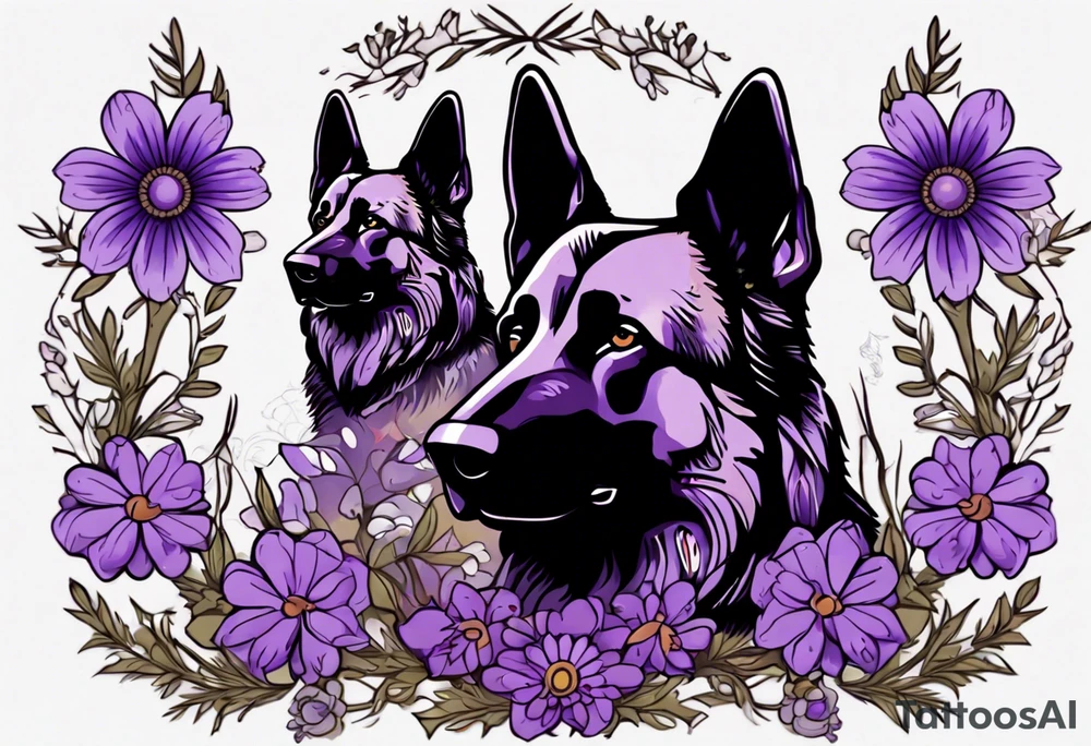 Dark Brown German shepherd portrait surrounded by purple daisies tattoo idea