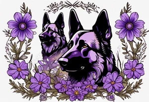 Dark Brown German shepherd portrait surrounded by purple daisies tattoo idea