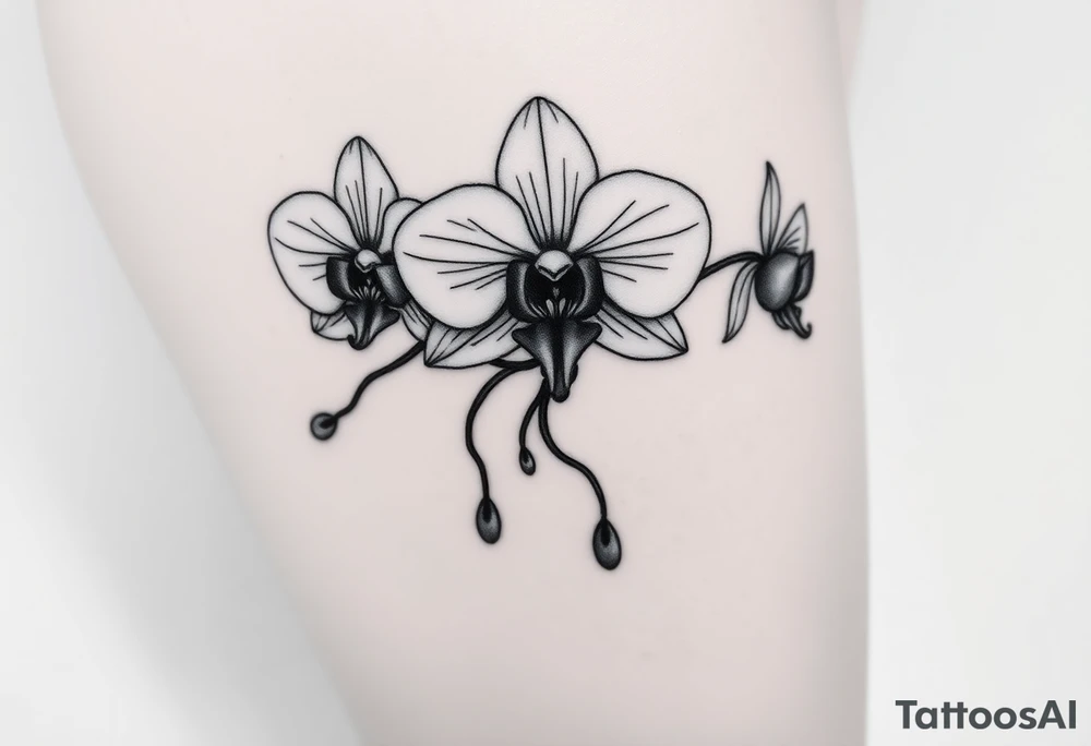 Draw of three fine line orchids different size realistic, the central part resembles a vagina. Are connected with branches that appears a mix with drops and seeds tattoo idea