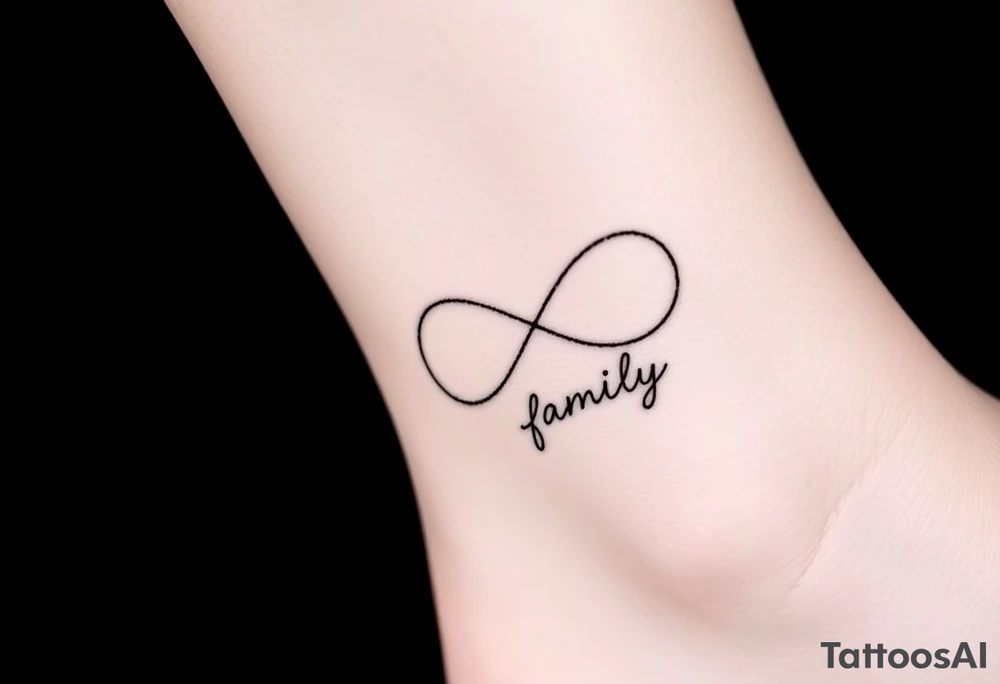 A minimalist infinity symbol composed of thin, intersecting lines, with the word "family" subtly incorporated along the curve in a contemporary font tattoo idea