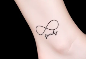 A minimalist infinity symbol composed of thin, intersecting lines, with the word "family" subtly incorporated along the curve in a contemporary font tattoo idea