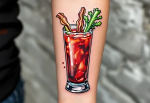 Bloody Mary Brunch – A tall glass with deep red tomato juice, celery stalk, pickle, and bacon strip garnish. All drawn in high color saturation and bold outlines. tattoo idea