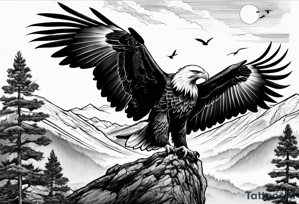 Eagle searching for a Dove on a tree limb in the mountains tattoo idea