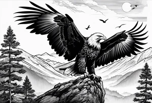 Eagle searching for a Dove on a tree limb in the mountains tattoo idea