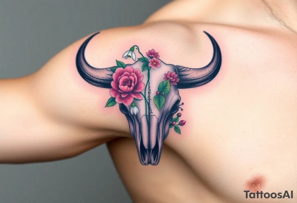 Buffalo skull with flowers. Peony, snowdrop, holly with berries, larkspur, peony. Colour. For upper arm. Masculin. 

Have one peony and snowdrop above horns. Have holly with berries, larkspur, peony below horns. tattoo idea