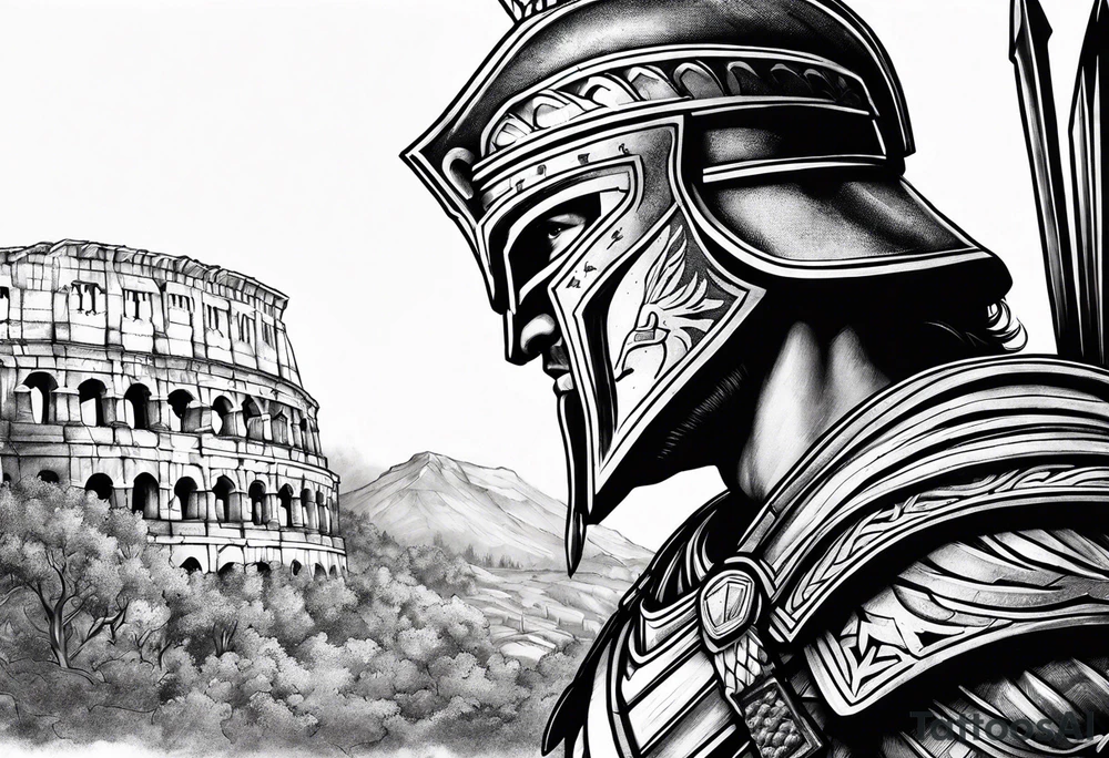 Side profile of spartan soilder looking at ancient city tattoo idea