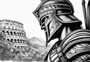 Side profile of spartan soilder looking at ancient city tattoo idea