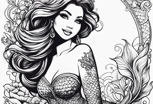 Mermaid full body, curvy, one arm up in the air, smiling tattoo idea