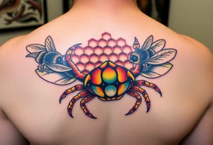 Honey comb bees, fish, crab tattoo idea