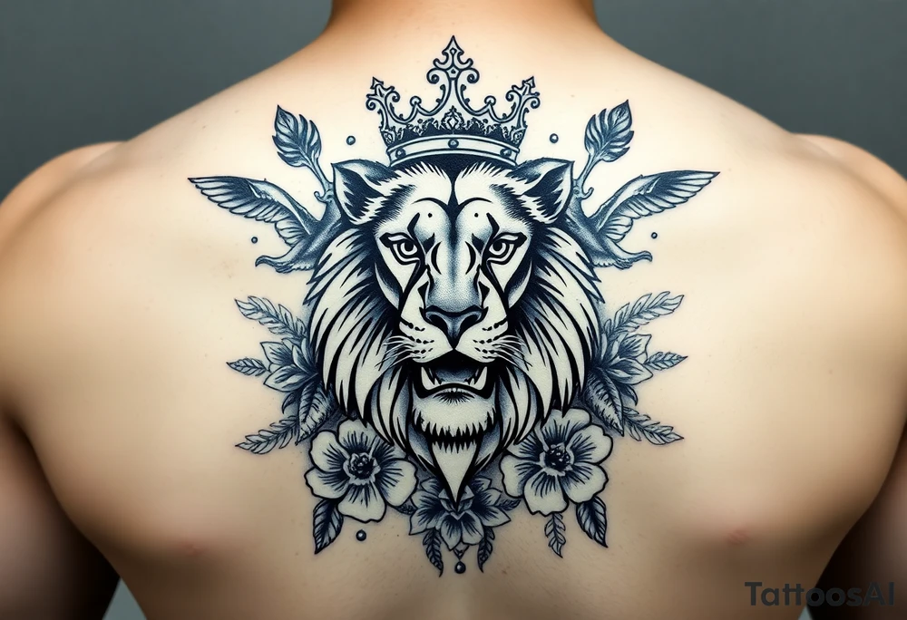 powerful majestic lion with a crown, surrounded by floral ornaments and birds tattoo idea