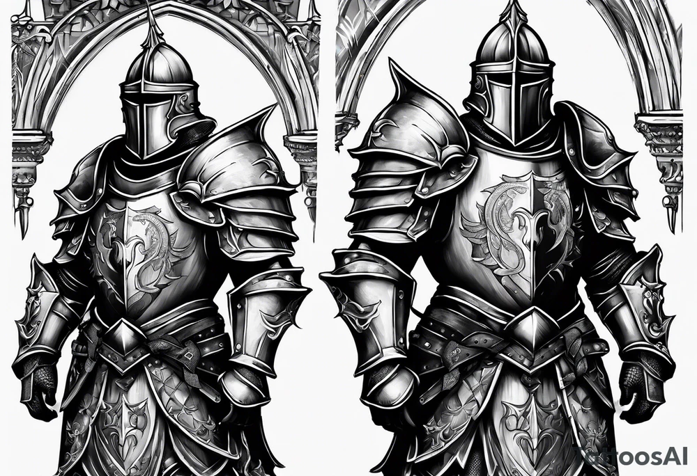 knight heavy armor in front of cathedral tattoo idea