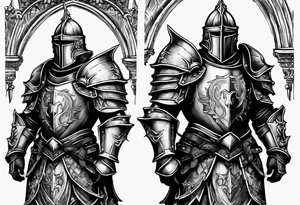 knight heavy armor in front of cathedral tattoo idea