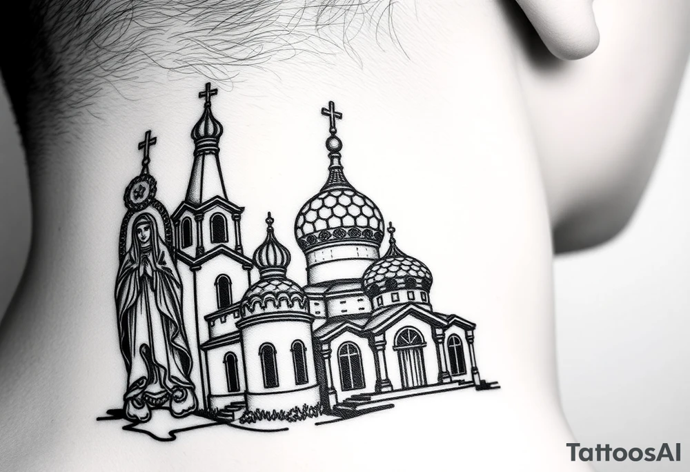 medium sized Russian orthodox church with bulb domes with a prominent russian orthodox style virgin mary stood outside to the left tattoo idea