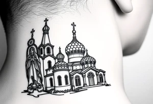 medium sized Russian orthodox church with bulb domes with a prominent russian orthodox style virgin mary stood outside to the left tattoo idea